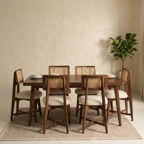 PRITI Elegant Sheesham Wood Dining Table Set with Crème Boucle Upholstered Seating