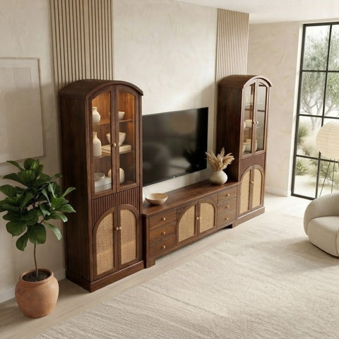 PRITI Elegant Solid Wood Entertainment Unit with Cane Panels