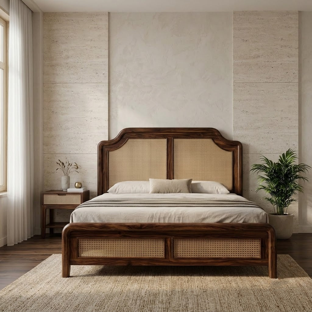 PRITI Elegant Wooden Bed with Cane Weave Headboard
