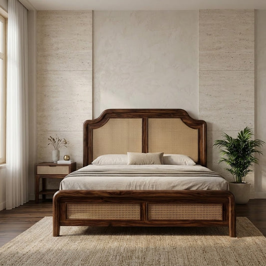 PRITI Elegant Wooden Bed with Cane Weave Headboard