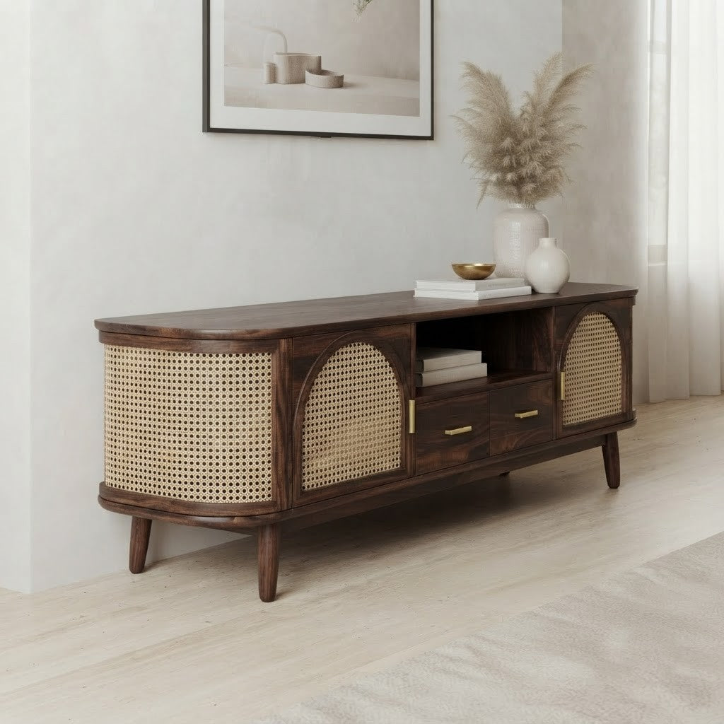PRITI Elegant Wooden Entertainment Unit with Cane Cabinet – Dark Walnut Finish