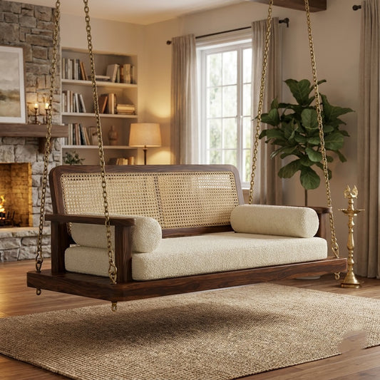 PRITI Elegant Wooden Jhula for Home with Cane Backrest & Crème Boucle