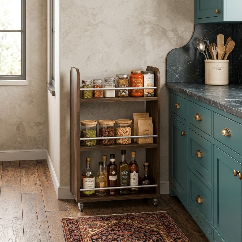 PRITI Engineered Wood Kitchen Storage Trolley with Lockable Wheels