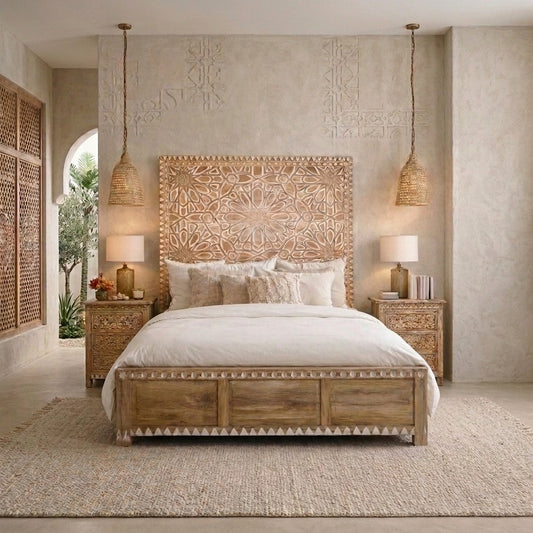 PRITI Exquisite Floral Hand-Carved Bed in Solid Mango Wood