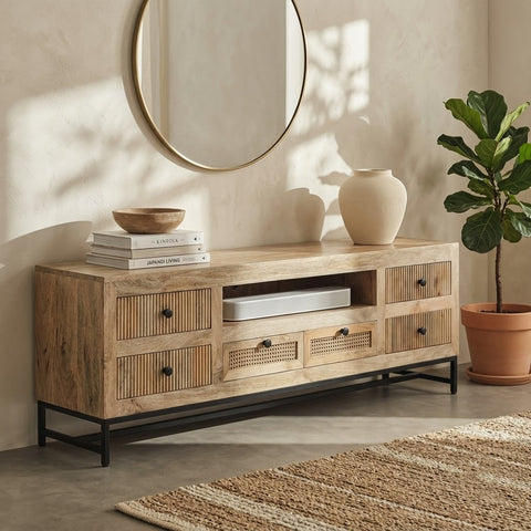 PRITI Fluted Mango Wood Media Unit – Solid Wood TV Console with Rattan Drawers