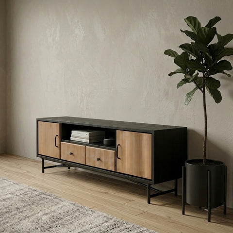 PRITI Fluted Two-Tone Media Unit – Black Frame with Warm Wood Fronts