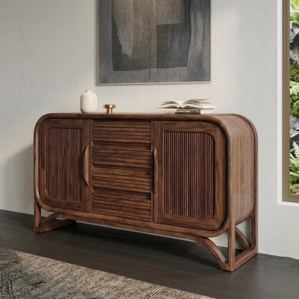 PRITI Fluted Wood Cabinet with Cabinets, Drawers & Shelves