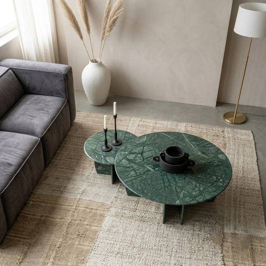 PRITI Green Marble Coffee Table Set | Round Nesting Tea Tables for Living Room