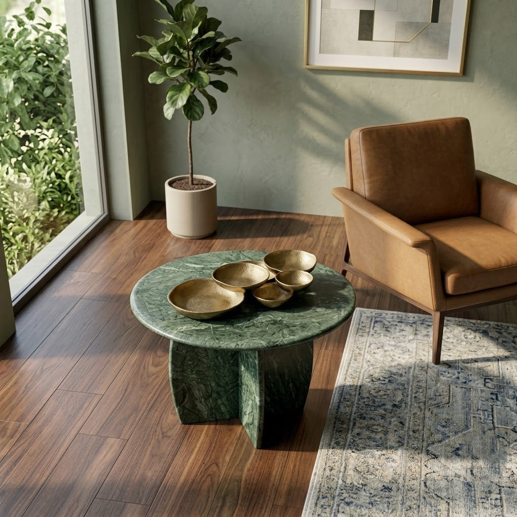 PRITI Green Marble Round Side Table | Sofa Corner Table for Living Room