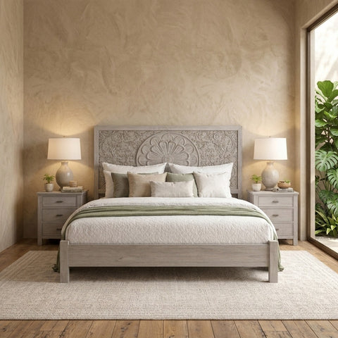 PRITI Grey Solid Mango Wood Bed with Handcrafted Floral Design