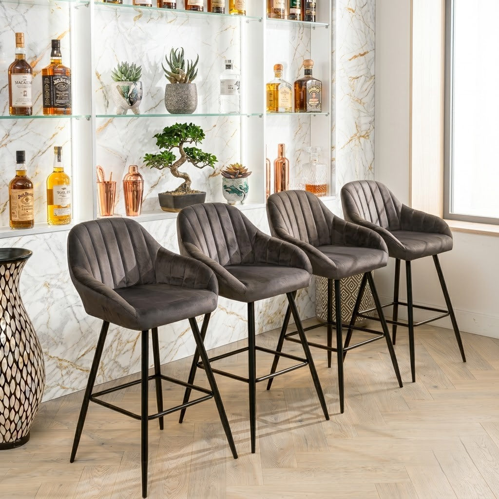 PRITI Grey Velvet Kitchen Bar Stools Set of 4 | Modern Chairs