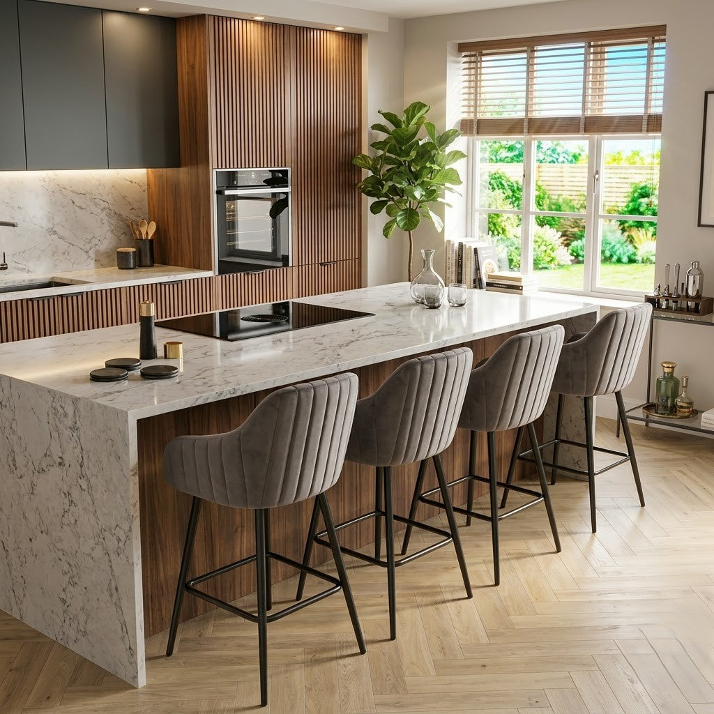 PRITI Grey Velvet Kitchen Bar Stools Set of 4 with Metal Legs
