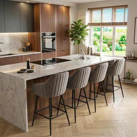 PRITI Grey Velvet Kitchen Bar Stools Set of 4 with Metal Legs