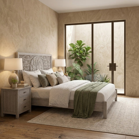 PRITI Grey Wooden Bed in Solid Mango Wood with Floral Carved Design