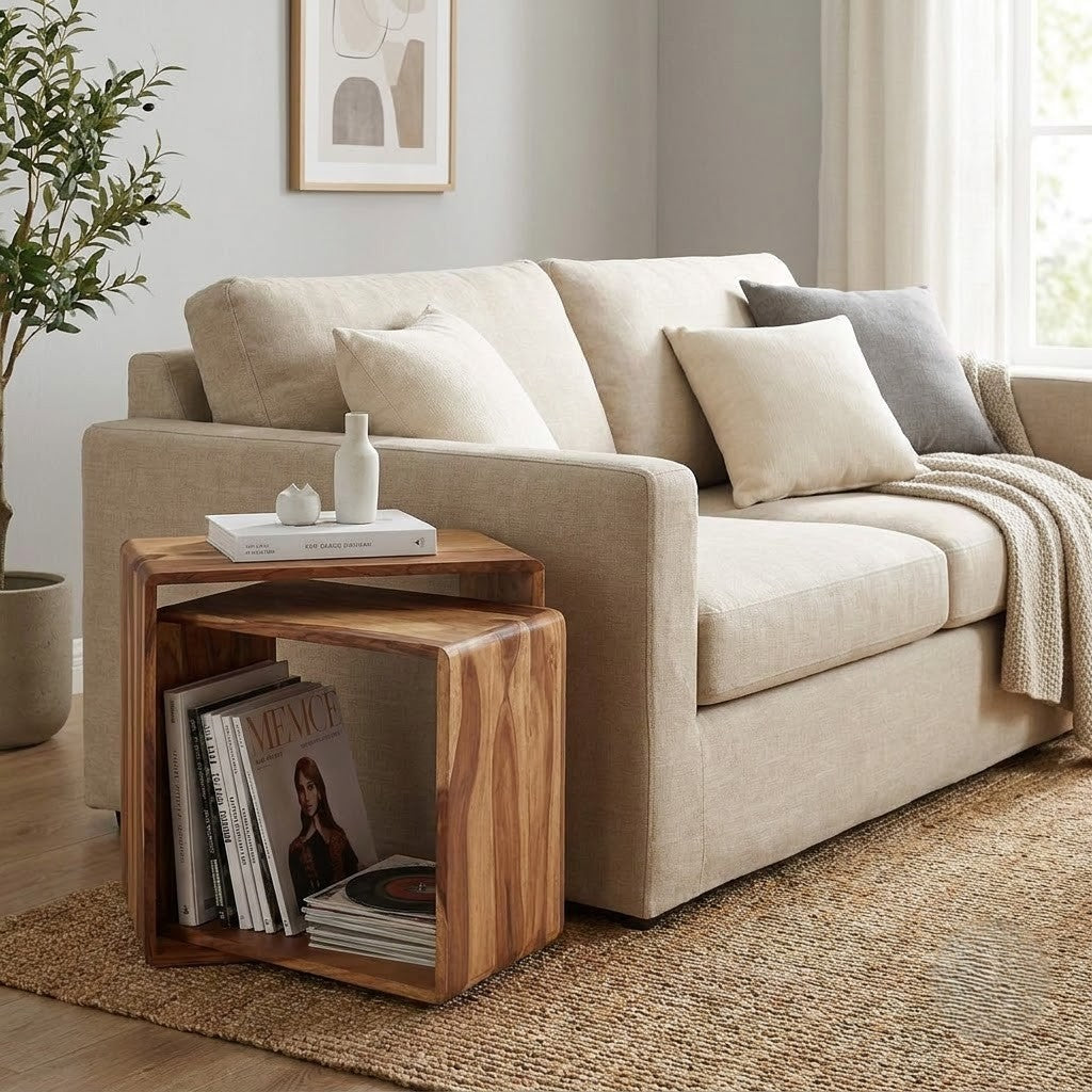 PRITI Hamilton Nested Cube Side Table Set of 2 in Solid Sheesham Wood