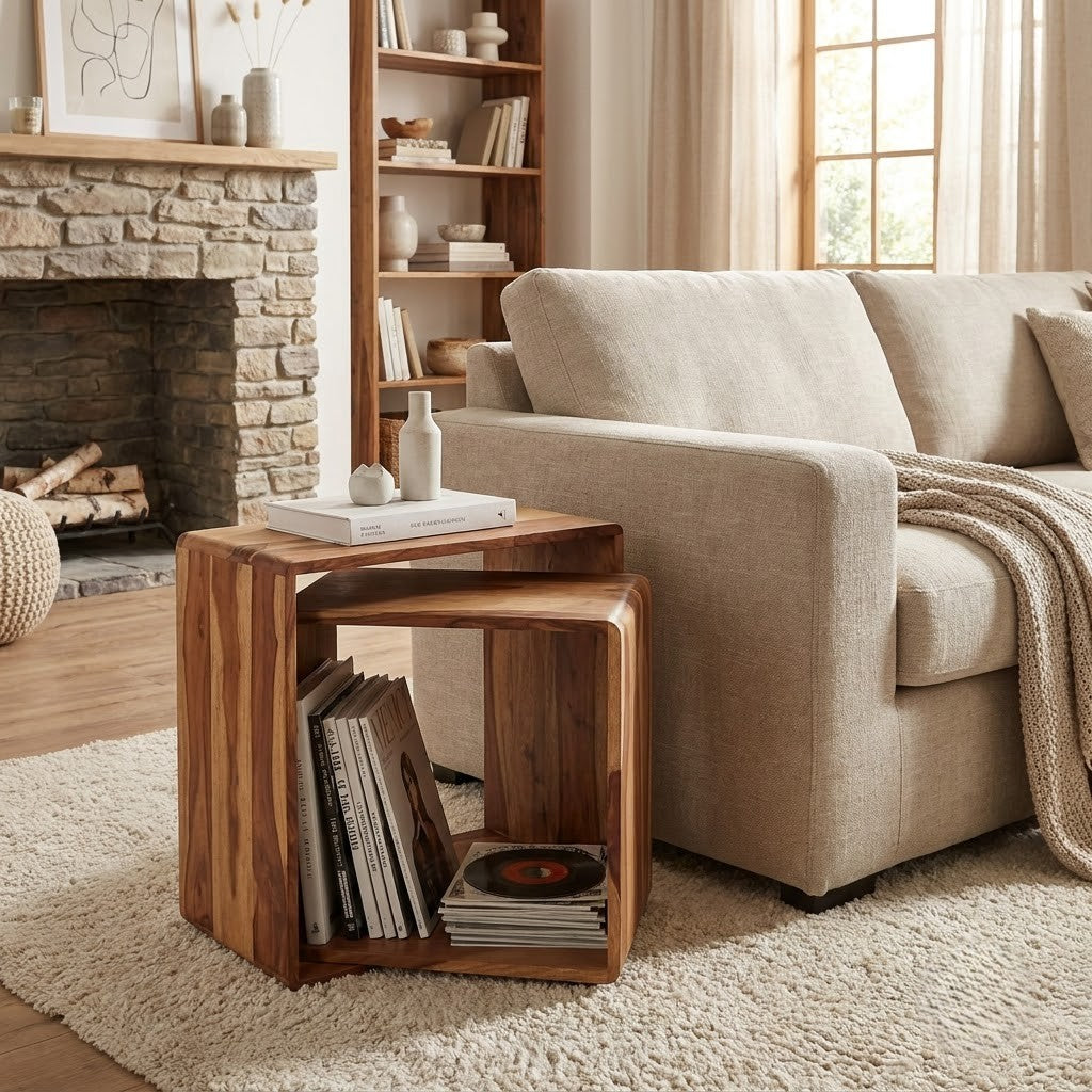 PRITI Hamilton Sheesham Wood End Table Set | Cube Nesting Coffee Side Tables