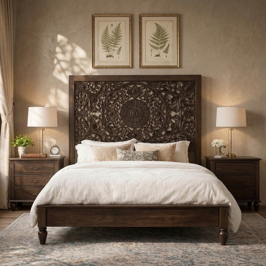 PRITI Hand-Carved Solid Mango Wood Bed with Floral Headboard – Without Storage