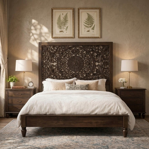 PRITI Hand-Carved Solid Mango Wood Bed with Floral Headboard – Without Storage