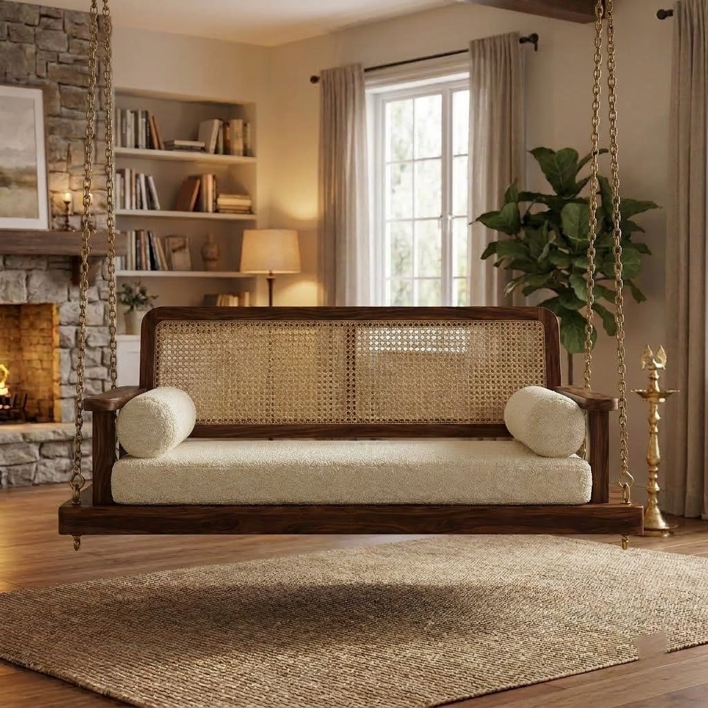 PRITI Handcrafted 2 Seater Wooden Swing Chair with Cane Detailing