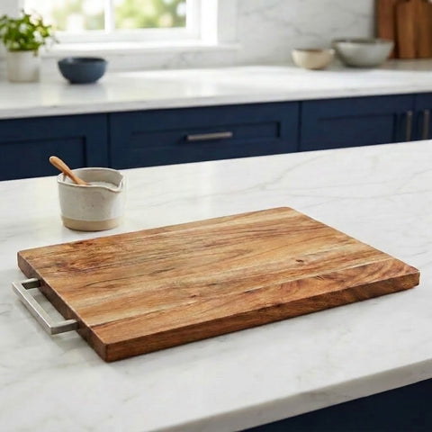 PRITI Handcrafted Acacia Wood Kitchen Cutting Board with Metal Handle