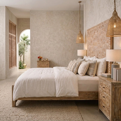 PRITI Handcrafted Floral Carved Bed in Solid Mango Wood