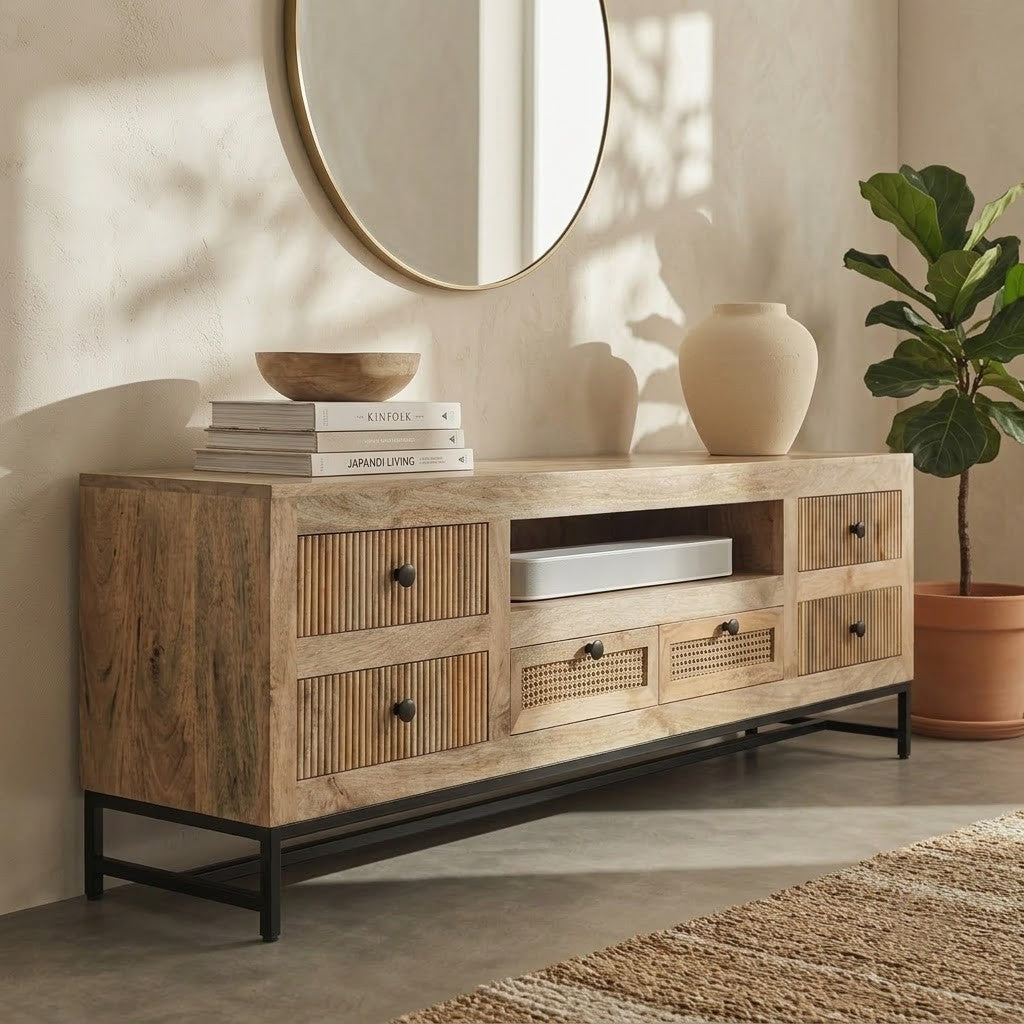 PRITI Handcrafted Fluted TV Cabinet in Mango Wood | 180cm & 210cm