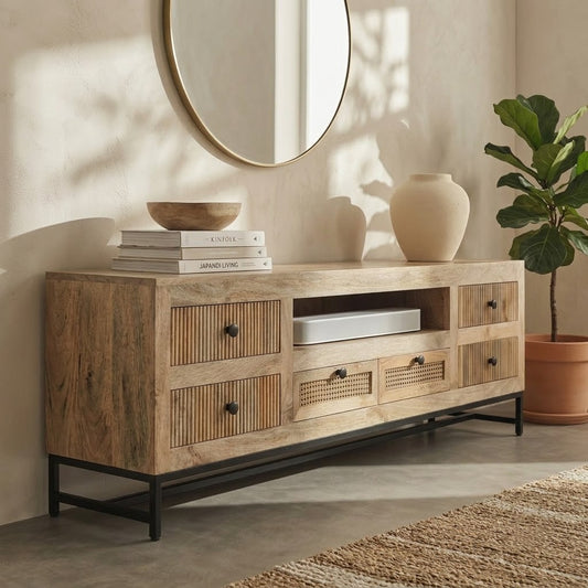 PRITI Handcrafted Fluted TV Cabinet in Mango Wood | 180cm & 210cm