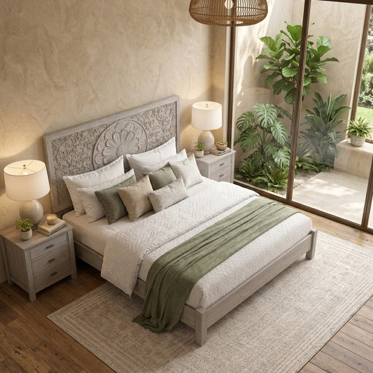 PRITI Handcrafted Grey Solid Mango Wood Bed with Floral Design