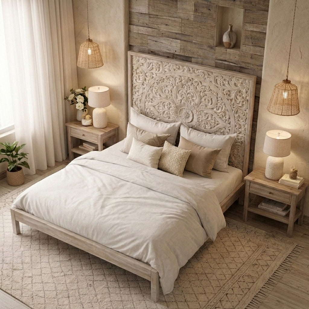 PRITI Handcrafted Mango Wood Bed featuring Floral Carved Headboard – Wooden Slice