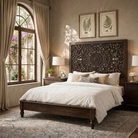 PRITI Handcrafted Mango Wood Bed with Decorative Floral Headboard – Without Storage