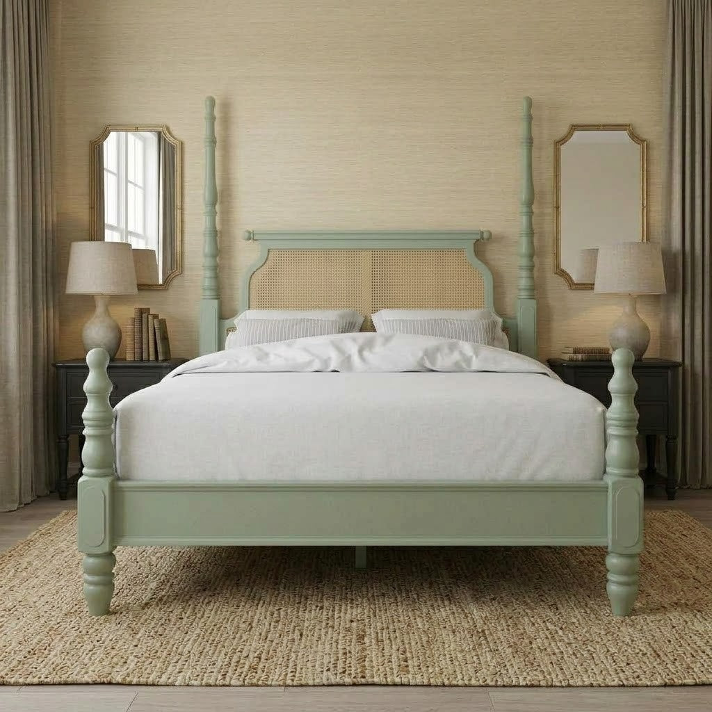 PRITI Handcrafted Mango Wood Poster Bed with Woven Rattan Headboard
