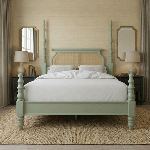 PRITI Handcrafted Mango Wood Poster Bed with Woven Rattan Headboard