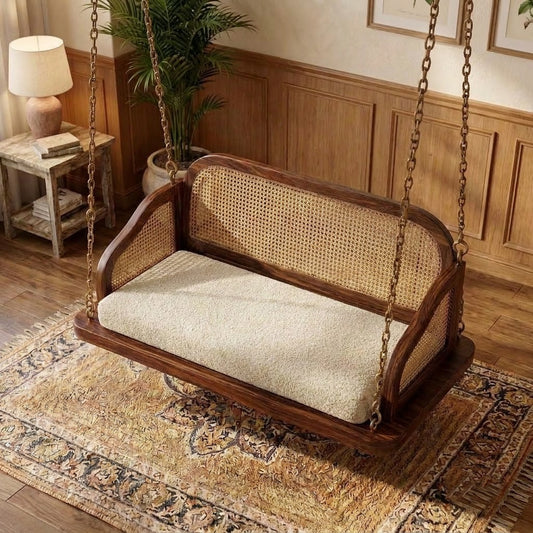 PRITI Handcrafted Sheesham Wood Jhula with Cane Backrest for Home
