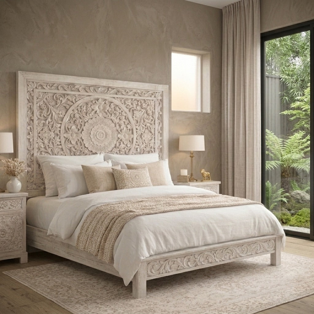 PRITI Handcrafted Solid Mango Wood Bed in White Distressed Finish