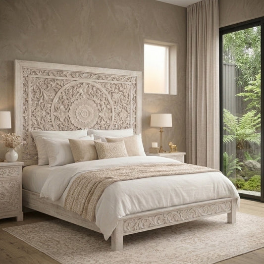 PRITI Handcrafted Solid Mango Wood Bed in White Distressed Finish