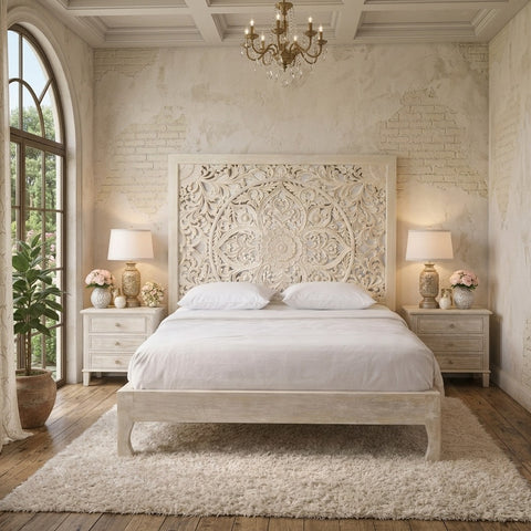 PRITI Handcrafted Solid Mango Wood Bed with Intricate Floral Hand Carving