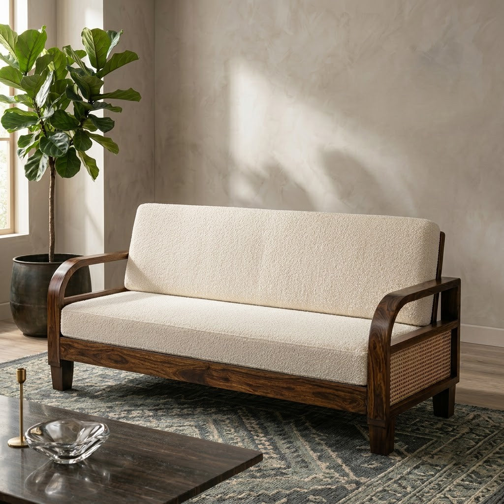 PRITI Handcrafted Solid Sheesham Wood 3 Seater Rattan Sofa