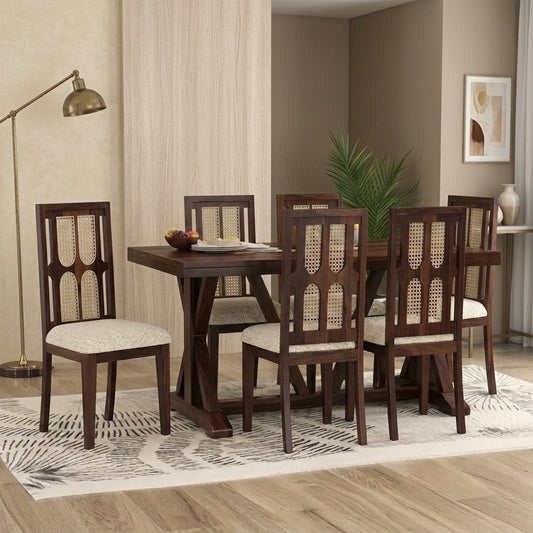 PRITI Handcrafted Solid Sheesham Wood 6 Seater Dining Set with Cushioned Chairs – Dark Walnut Finish