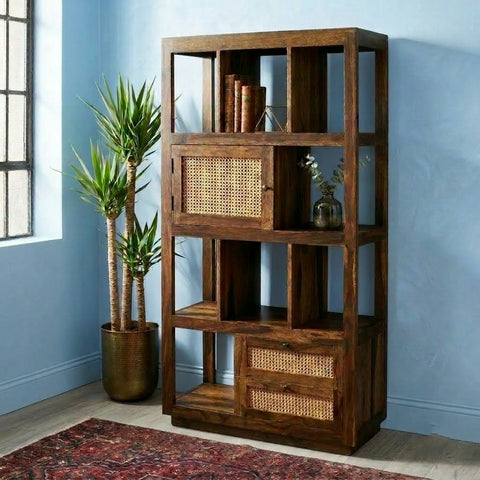 PRITI Handcrafted Solid Sheesham Wood Bookshelf with Cane Door