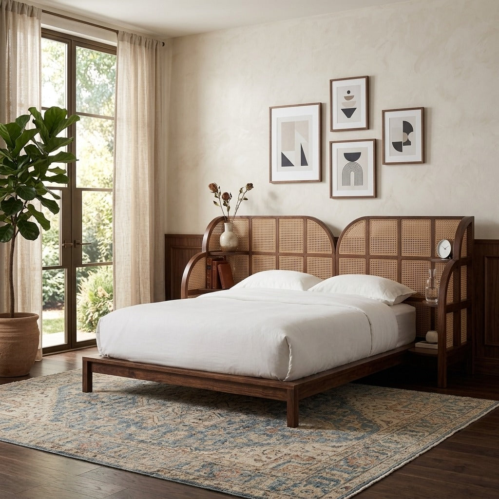 PRITI Handcrafted Solid Wood Rattan Cane Bed with Wooden Slice Design