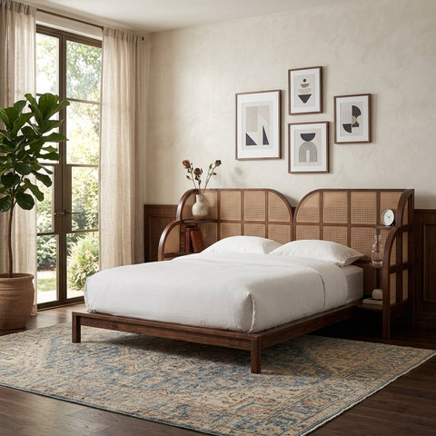 PRITI Handcrafted Solid Wood Rattan Cane Bed with Wooden Slice Design