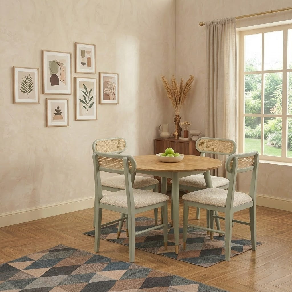 PRITI Handcrafted Solid Wood Round Dining Table with 4 Cane Chairs