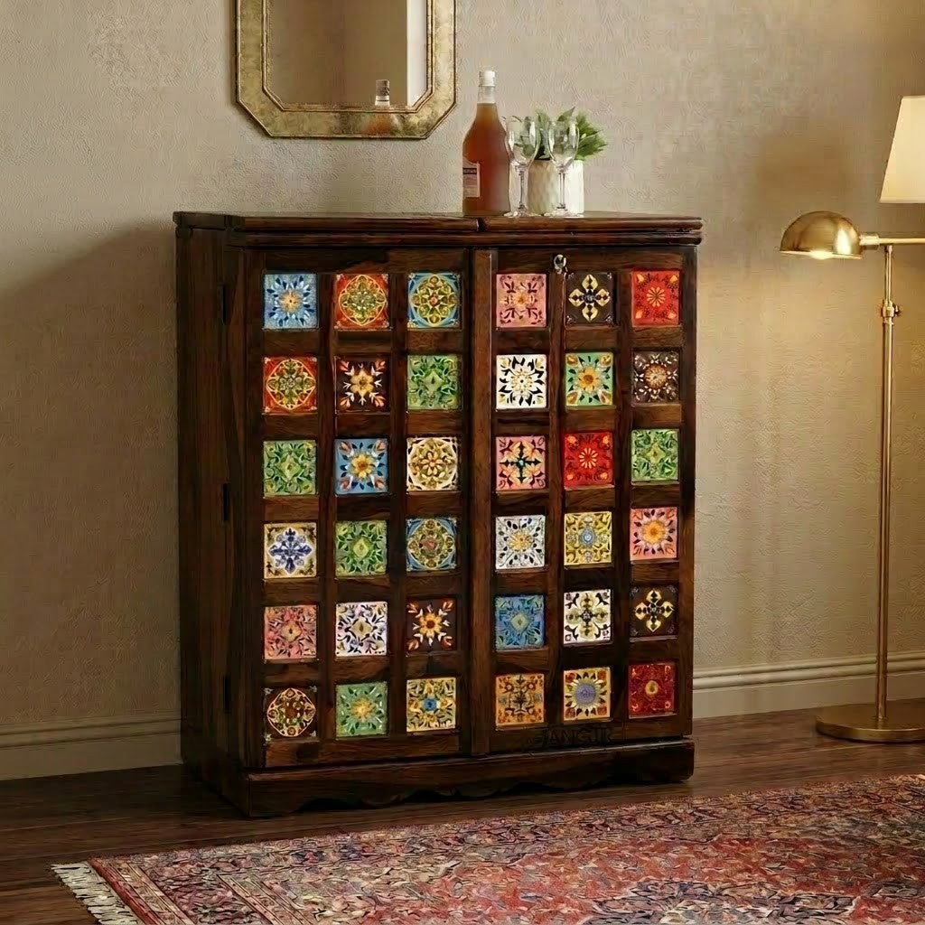 PRITI Handcrafted Wooden Bar Cabinet with Decorative Tile Doors