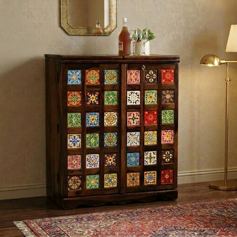 PRITI Handcrafted Wooden Bar Cabinet with Decorative Tile Doors