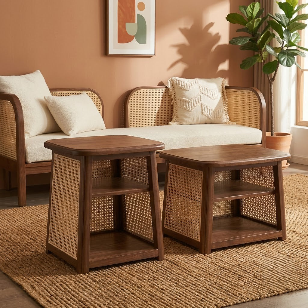 PRITI Handcrafted Wooden Nesting Coffee Tables with Cane