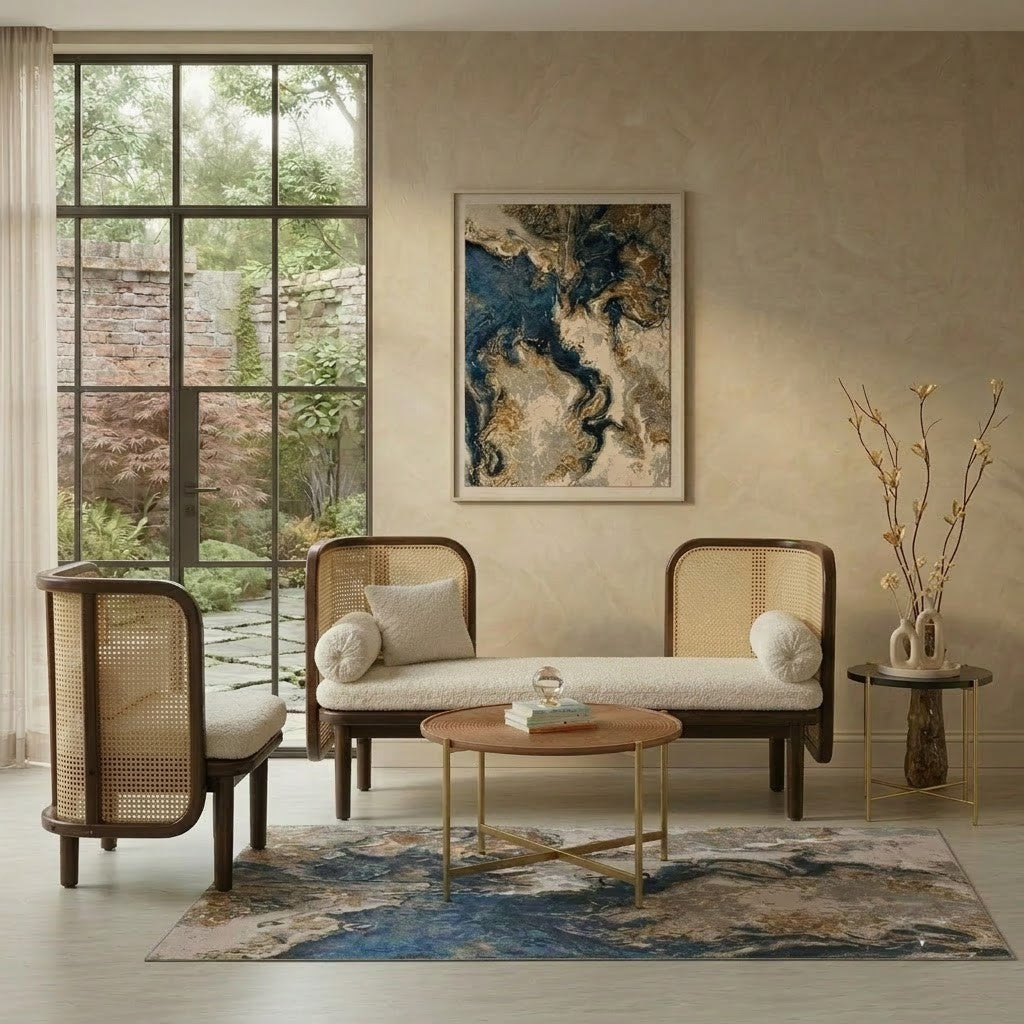 PRITI Handcrafted Wooden Sofa Set with Fabric Upholstery – 3+1 Seater
