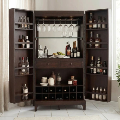PRITI Handmade Wooden Bar Cabinet | Sheesham Wood Home Bar Furniture with Shelves & Drawers