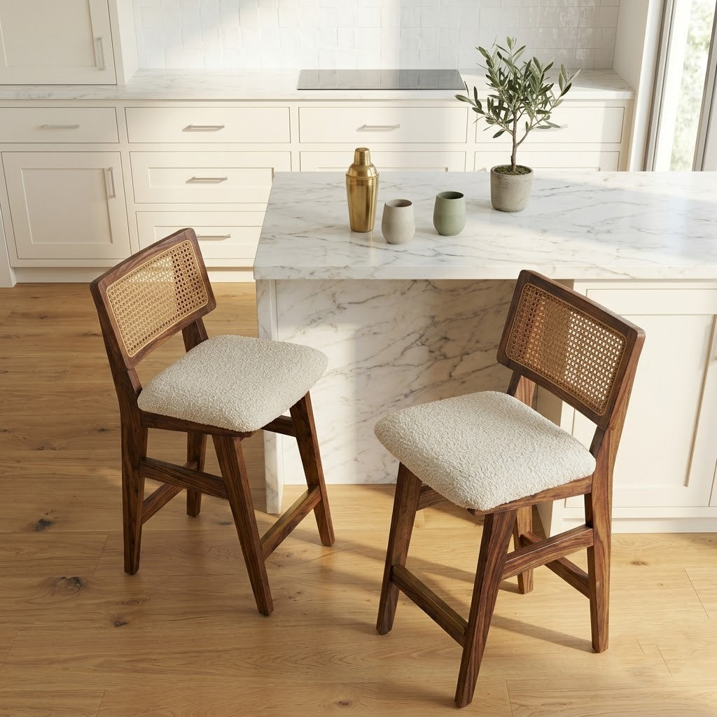 PRITI Home Cream Boucle Bar Stool with Dark Walnut Sheesham Wood & Cane Backrest