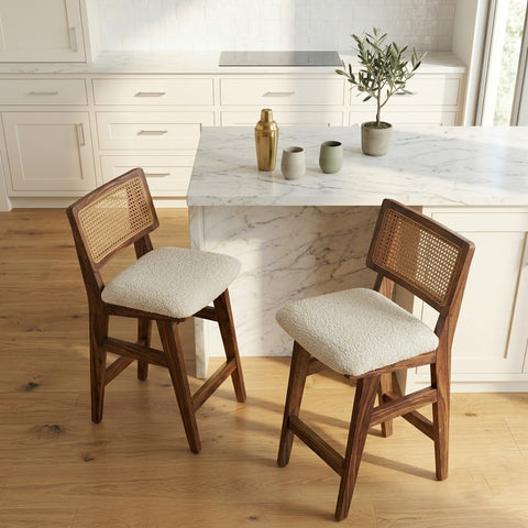 PRITI Home Cream Boucle Bar Stool with Dark Walnut Sheesham Wood & Cane Backrest