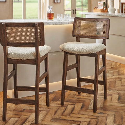 PRITI Home Cream Boucle Bar Stool with Dark Walnut Sheesham Wood Frame